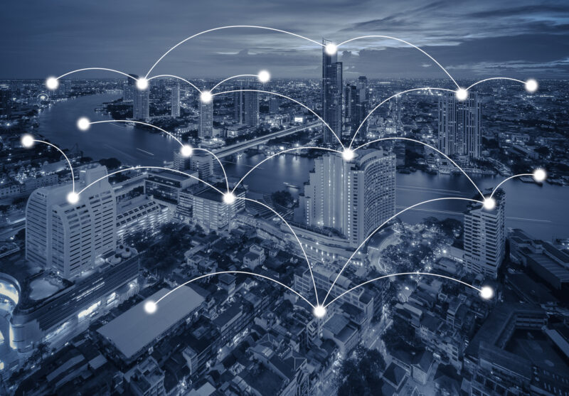 network and connection concept with cityscape as background, business concept, vintage style process