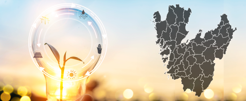 Bild på en glödlampa och stiliserad karta över Västra Götalandsregionen