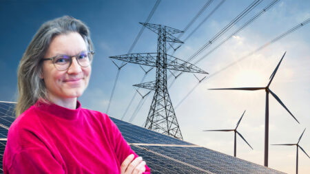 Photo collage Maria Aronsson in front of renewable energy solutions