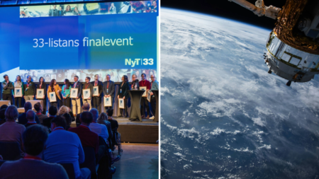 A social gathering on the left, a satellite in space on the right.