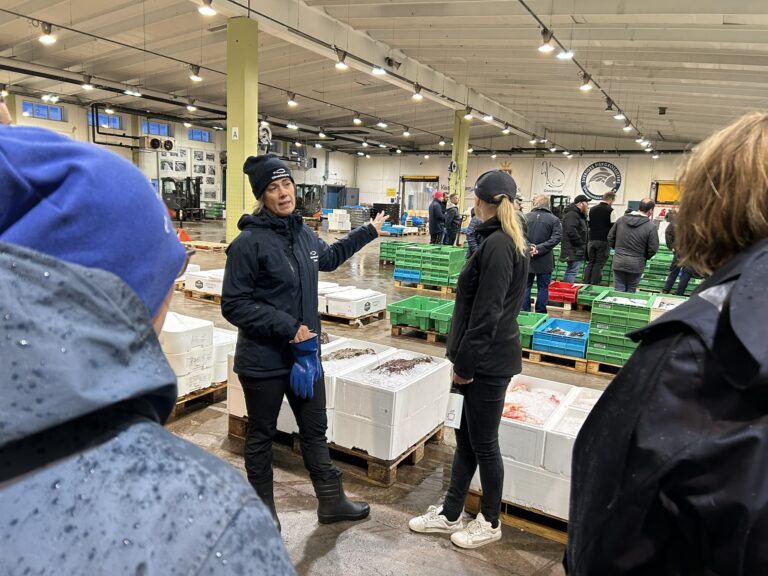 Linda Frithiof from Sjömatsfrämjandet guides the Blue Collaboration project group through the fish auction.